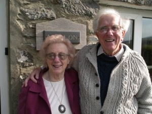 Flashback to 2004: Phyllis and Merêd outside their cottage, Afallon, celebrating the release of Sain’s double-CD.  Photo: Mick Tems